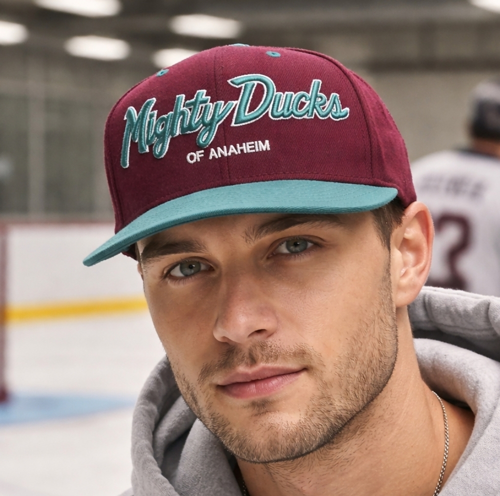 Mitchell & Ness Mighty Ducks Anaheim Snapback Hat Burgundy Teal NHL Vintage Cap